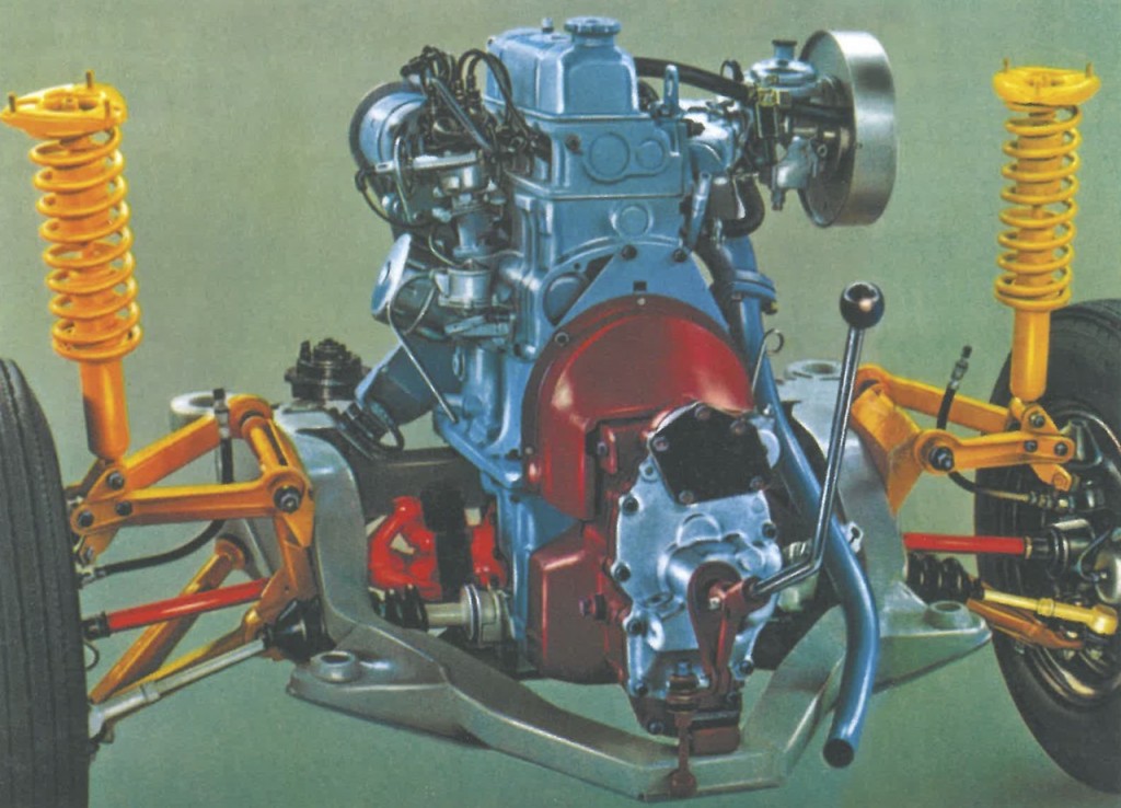 Motor, gearkasse og forhjulsophænget i model 1300. Den bøjede jernstang med den sorte kugle i toppen er gearstangen.