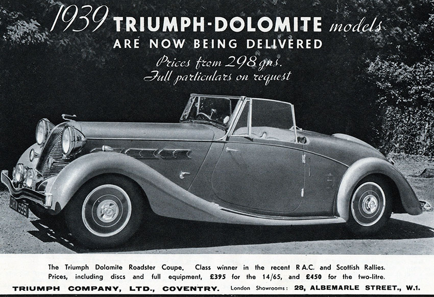 Triumph var smukt kørende mod konkursen i 1939. Her en Dolomite Roadster Coupé. Bemærk køleren, som gik igen i flere modeller og fik tilnavnet Waterfall.